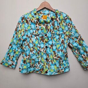 Ruby Rd Button Up Jacket‎ Women's Size 10 Blue Brown Green Abstract Print